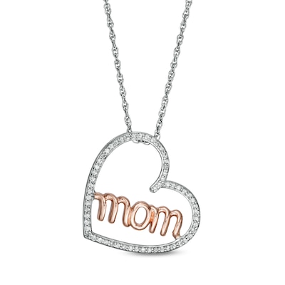 0.15 CT. T.W. Diamond "mom" in Tilted Heart Pendant in Sterling Silver and 10K Rose Gold