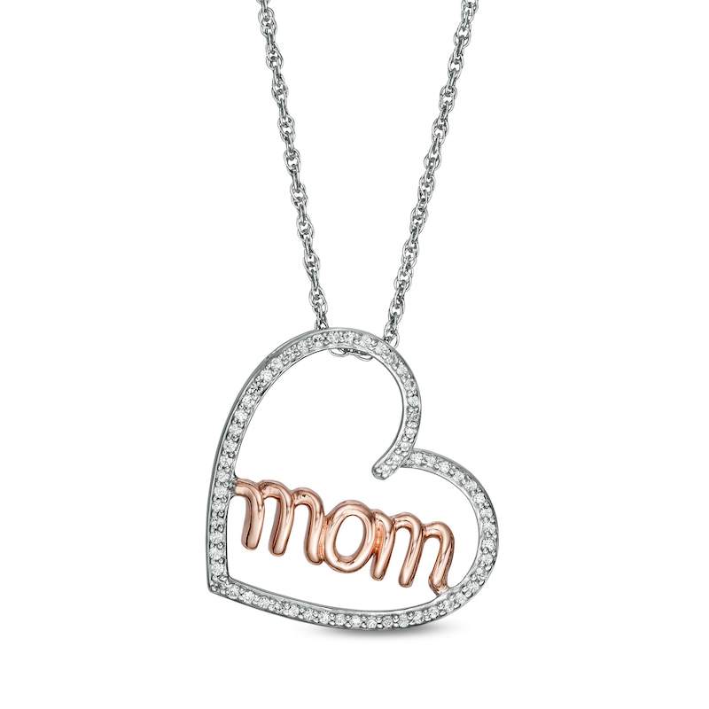 0.15 CT. T.W. Diamond "mom" in Tilted Heart Pendant in Sterling Silver and 10K Rose Gold|Peoples Jewellers