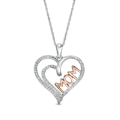 0.18 CT. T.W. Diamond Double Row Heart "MOM" Pendant in Sterling Silver with 10K Rose Gold