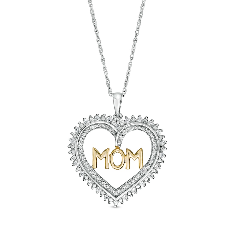 0.23 CT. T.W. Diamond "MOM" Heart Sunburst Double Row Pendant in Sterling Silver and 10K Gold