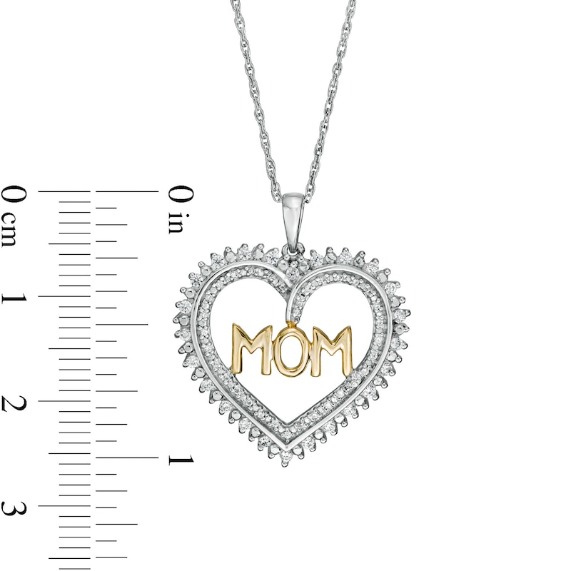 0.23 CT. T.W. Diamond "MOM" Heart Sunburst Double Row Pendant in Sterling Silver and 10K Gold