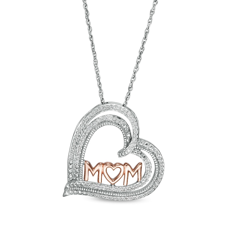 0.18 CT. T.W. Diamond "MOM" Triple Row Heart Pendant in Sterling Silver with 10K Rose Gold