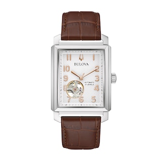 Men's Bulova Sutton Automatic Strap Watch with Rectangular Silver-Tone Skeleton Dial (Model: 96A268)