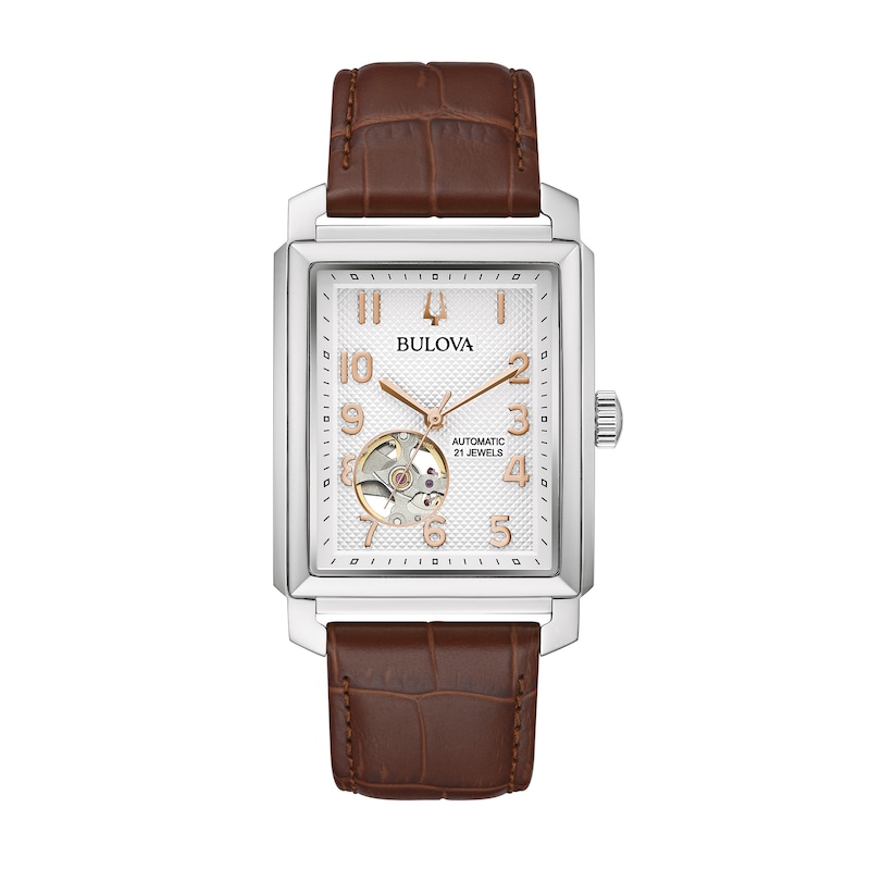 Men's Bulova Sutton Automatic Strap Watch with Rectangular Silver-Tone Skeleton Dial (Model: 96A268)