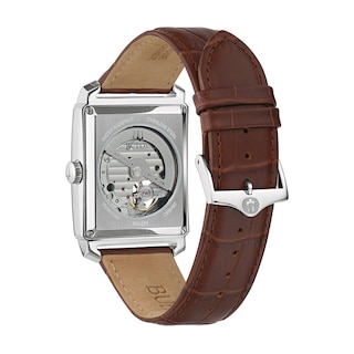 Men's Bulova Sutton Automatic Strap Watch with Rectangular Silver-Tone Skeleton Dial (Model: 96A268)