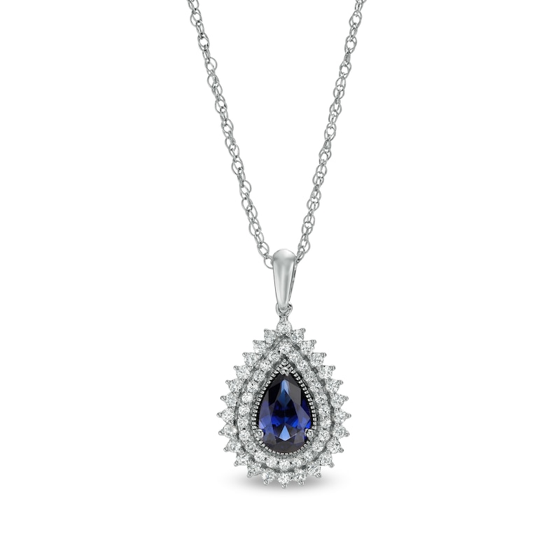 Pear-Shaped Blue and White Lab-Created Sapphire Teardrop Frame Pendant in Sterling Silver