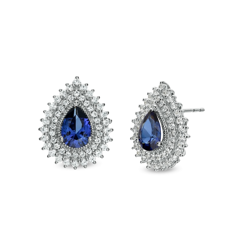 Pear-Shaped Blue and White Lab-Created Sapphire Teardrop Frame Stud Earrings in Sterling Silver