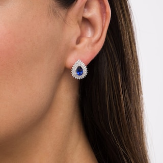 Pear-Shaped Blue and White Lab-Created Sapphire Teardrop Frame Stud Earrings in Sterling Silver