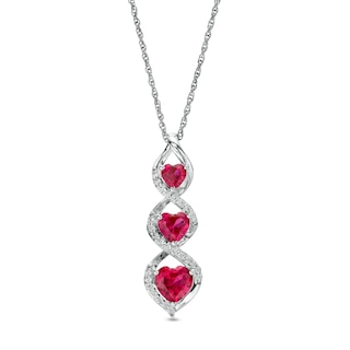 Heart-Shaped Lab-Created Ruby and White Lab-Created Sapphire Linear Trio Pendant in Sterling Silver