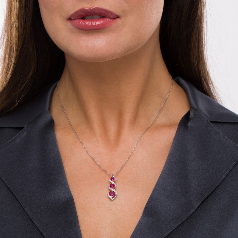 Heart-Shaped Lab-Created Ruby and White Lab-Created Sapphire Linear Trio Pendant in Sterling Silver