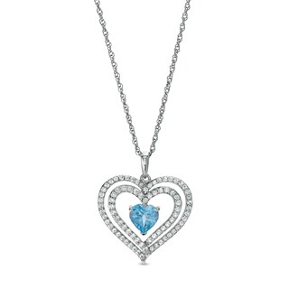 6.0mm Swiss Blue Topaz and White Lab-Created Sapphire Heart Pendant in Sterling Silver