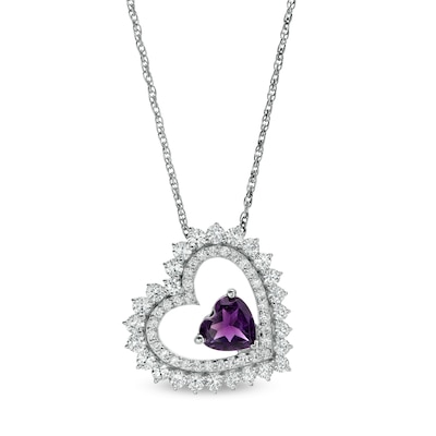 6.0mm Amethyst and White Lab-Created Sapphire Tilted Heart Pendant in Sterling Silver