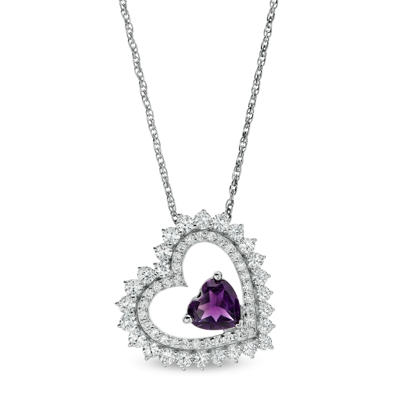 6.0mm Amethyst and White Lab-Created Sapphire Tilted Heart Pendant in Sterling Silver|Peoples Jewellers