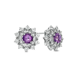 Amethyst and White Lab-Created Sapphire Flower Frame Stud Earrings in Sterling Silver