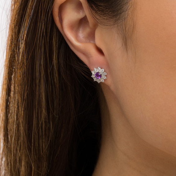 Amethyst and White Lab-Created Sapphire Flower Frame Stud Earrings in Sterling Silver