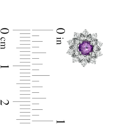 Amethyst and White Lab-Created Sapphire Flower Frame Stud Earrings in Sterling Silver