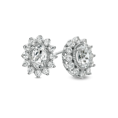 Oval White Lab-Created Sapphire Sunburst Frame Stud Earrings in Sterling Silver