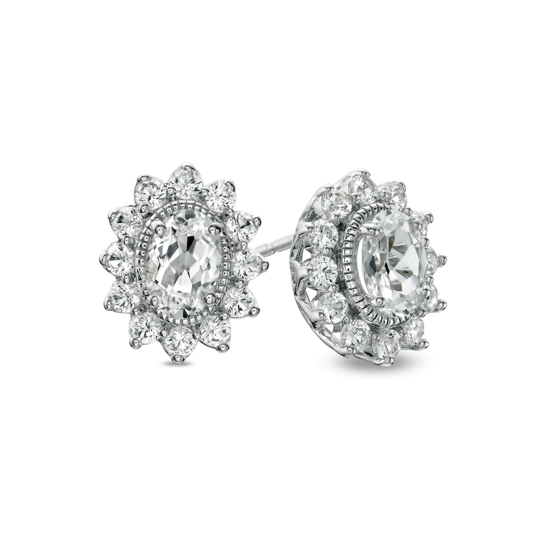Oval White Lab-Created Sapphire Sunburst Frame Stud Earrings in Sterling Silver|Peoples Jewellers