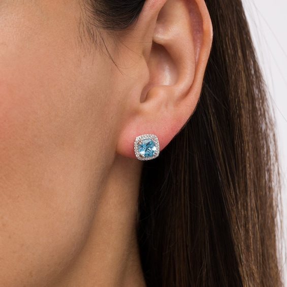 6.0mm Swiss Blue Topaz and White Lab-Created Sapphire Cushion Frame Stud Earrings in Sterling Silver