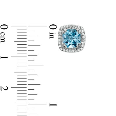 6.0mm Swiss Blue Topaz and White Lab-Created Sapphire Cushion Frame Stud Earrings in Sterling Silver