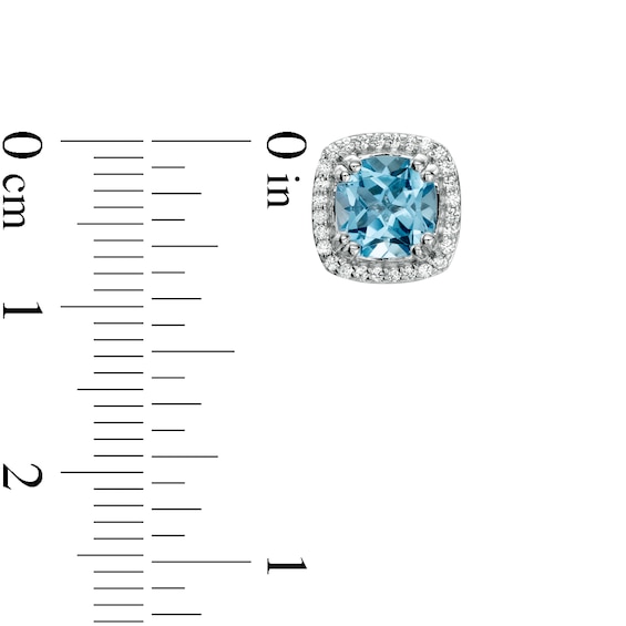 6.0mm Swiss Blue Topaz and White Lab-Created Sapphire Cushion Frame Stud Earrings in Sterling Silver