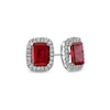 Thumbnail Image 0 of Emerald-Cut Lab-Created Ruby and White Lab-Created Sapphire Cushion Frame Stud Earrings in Sterling Silver