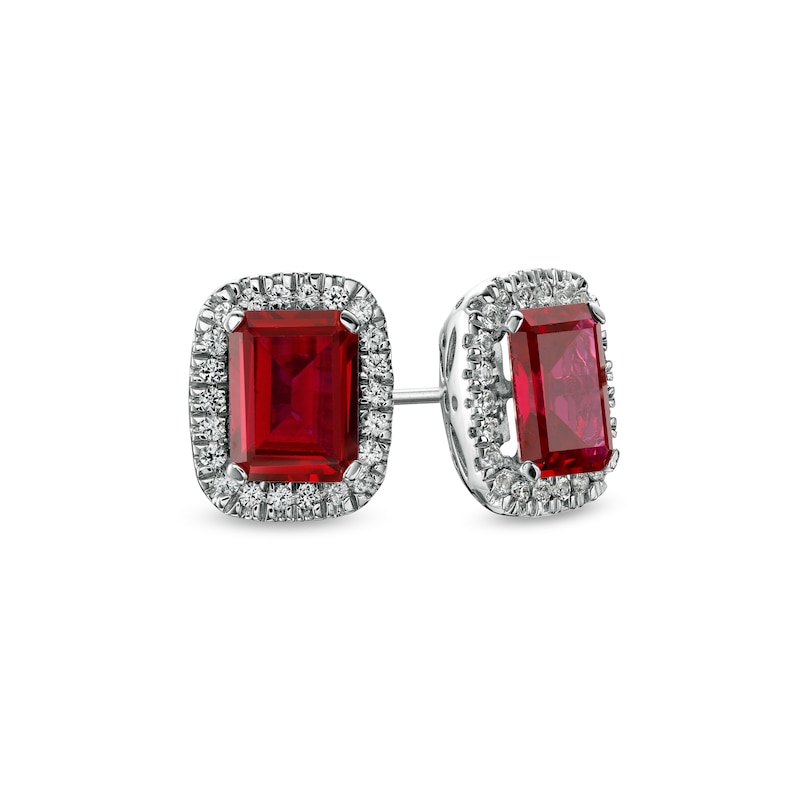 Emerald-Cut Lab-Created Ruby and White Lab-Created Sapphire Cushion Frame Stud Earrings in Sterling Silver|Peoples Jewellers