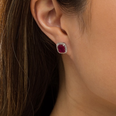 Emerald-Cut Lab-Created Ruby and White Lab-Created Sapphire Cushion Frame Stud Earrings in Sterling Silver