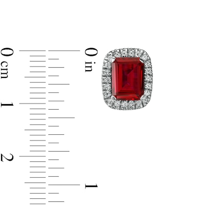 Emerald-Cut Lab-Created Ruby and White Lab-Created Sapphire Cushion Frame Stud Earrings in Sterling Silver