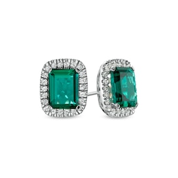 Emerald-Cut Lab-Created Emerald and White Lab-Created Sapphire Cushion Frame Stud Earrings in Sterling Silver