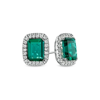 Emerald-Cut Lab-Created Emerald and White Lab-Created Sapphire Cushion Frame Stud Earrings in Sterling Silver