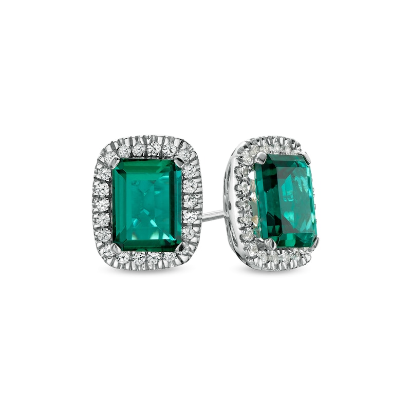 Emerald-Cut Lab-Created Emerald and White Lab-Created Sapphire Cushion Frame Stud Earrings in Sterling Silver|Peoples Jewellers