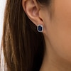 Emerald-Cut Blue and White Lab-Created Sapphire Cushion Frame Stud Earrings in Sterling Silver