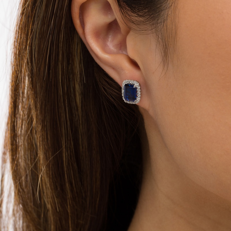 Emerald-Cut Blue and White Lab-Created Sapphire Cushion Frame Stud Earrings in Sterling Silver