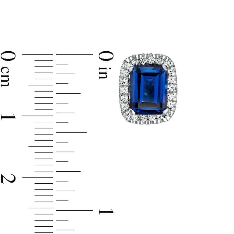 Emerald-Cut Blue and White Lab-Created Sapphire Cushion Frame Stud Earrings in Sterling Silver