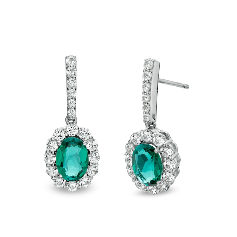 Oval Lab-Created Emerald and White Lab-Created Sapphire Scallop Frame Drop Earrings in Sterling Silver|Peoples Jewellers