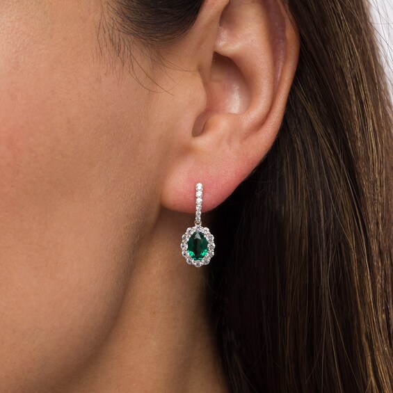 Oval Lab-Created Emerald and White Lab-Created Sapphire Scallop Frame Drop Earrings in Sterling Silver