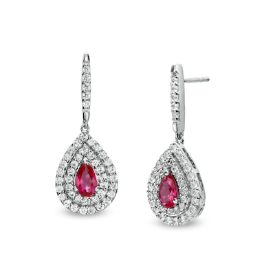 Pear-Shaped Lab-Created Ruby and White Lab-Created Sapphire Frame Drop Earrings in Sterling Silver