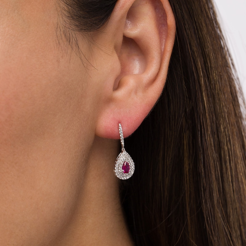 Pear-Shaped Lab-Created Ruby and White Lab-Created Sapphire Frame Drop Earrings in Sterling Silver