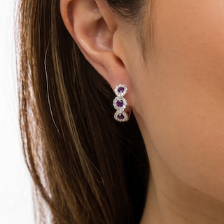 Amethyst and White Lab-Created Sapphire Cascading Frame Hoop Earrings in Sterling Silver