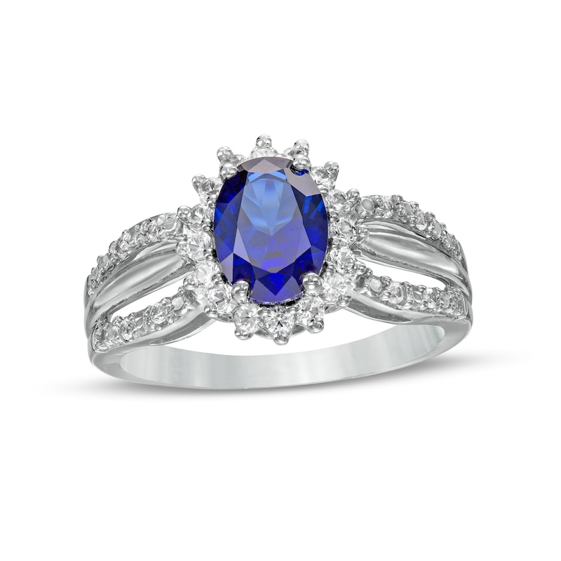 Oval Blue and White Lab-Created Sapphire Shadow Frame Split Shank Ring in Sterling Silver|Peoples Jewellers
