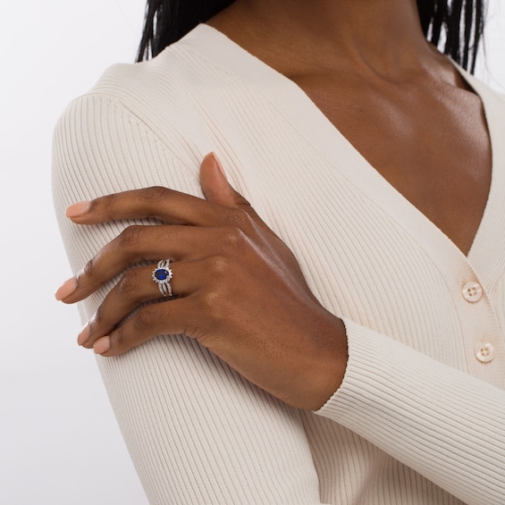 Oval Blue and White Lab-Created Sapphire Shadow Frame Split Shank Ring in Sterling Silver