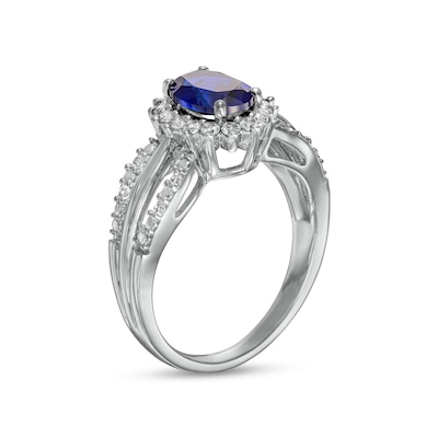 Oval Blue and White Lab-Created Sapphire Shadow Frame Split Shank Ring in Sterling Silver