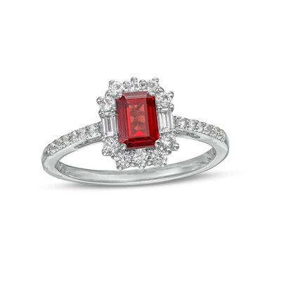 Emerald-Cut Garnet and White Lab-Created Sapphire Ornate Frame Ring in Sterling Silver