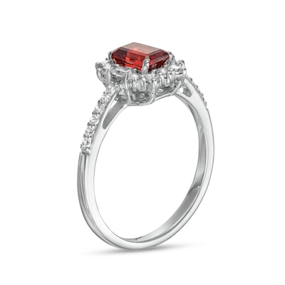 Emerald-Cut Garnet and White Lab-Created Sapphire Ornate Frame Ring in Sterling Silver