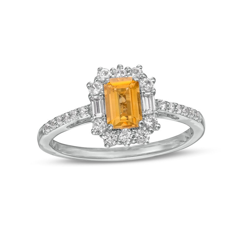 Emerald-Cut Citrine and White Lab-Created Sapphire Ornate Frame Ring in Sterling Silver|Peoples Jewellers
