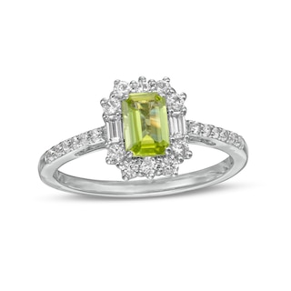 Emerald-Cut Peridot and White Lab-Created Sapphire Ornate Frame Ring in Sterling Silver