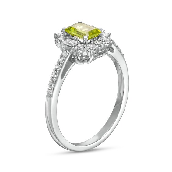 Emerald-Cut Peridot and White Lab-Created Sapphire Ornate Frame Ring in Sterling Silver