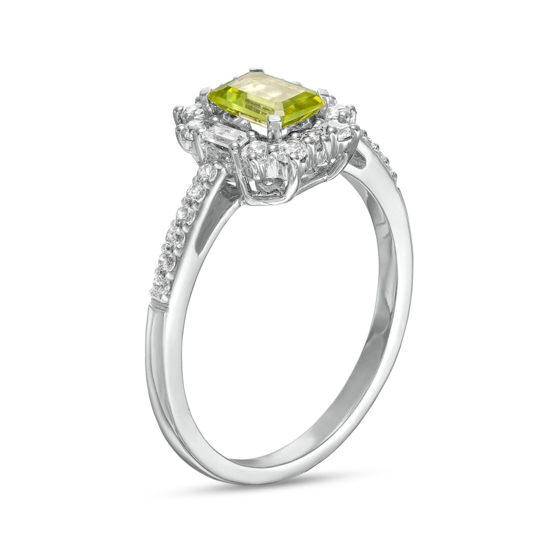 Emerald-Cut Peridot and White Lab-Created Sapphire Ornate Frame Ring in Sterling Silver|Peoples Jewellers