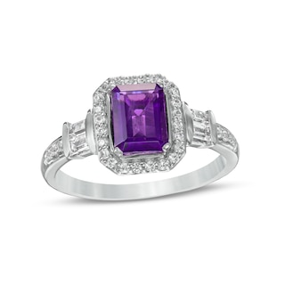 Emerald-Cut Amethyst and White Lab-Created Sapphire Cushion Frame Ring in Sterling Silver